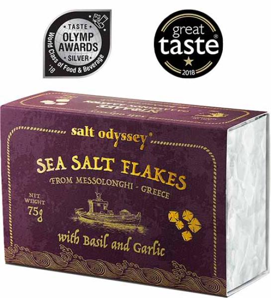 Νιφάδες θαλασσινού αλατιού με βασιλικό & σκόρδο-Salt Odyssey-75gr