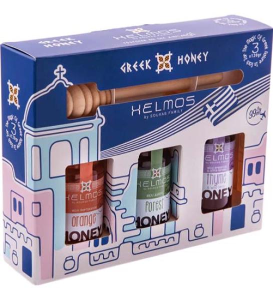 Honey gift box with honey dipper (Thyme,Orange,Forest)-Helmos-3x120gr